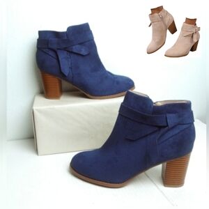 ZBY 8.5 Blue Chelsea Tie Knot Pump Ankle Boots Stacked Heel